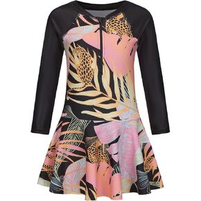 Girls One Piece Swimsuits Long Sleeve Swim Dress for Girls Hawaiian Skirted Bathing Suit Summer Swimwear 3-16 Years