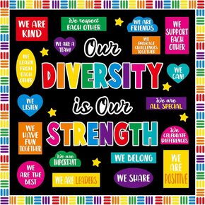 Boho Our Diversity is Our Strength Bulletin Board Set Rainbow Motivational Classroom Decoration Inspirational Quotes Paper Cutout for Positive Back to School Nursery Chalkboard Wall Door Decor