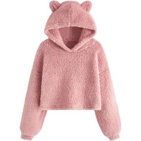 WDIRARA Girl's Bear Ear Drop Shoulder Hooded Sweatshirts Long Sleeve Pullover Hoodies
