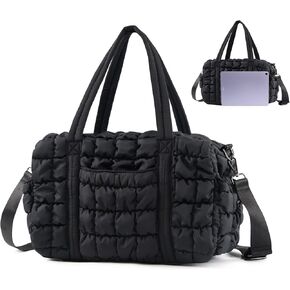 Womens Small Gym Bag 13 Inch, Mini Carry On Puffer Tote Bag for Travel Overnight Weekender Workout Camping Hospital Airplanes, Black Dance Sports Quilted Duffle Bags Gym Accessories Gifts for Women