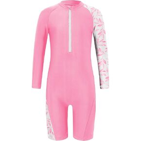 Girls One Piece Rash Guard Swimsuit Long Sleeve Swimsuits with Zipper Patchwork Beach Bathing Suit for Kids 3-12 Years