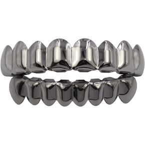 Acfun 24K Gold Plated Hip Hop Teeth Grillz Punk Custom Fit Polished Teeth Grillz Caps Top & Bottom Grill Set with 2 Silicon Molding Bars Removable Grills for Women Men Gift Halloween Party (Gold) in Kuwait