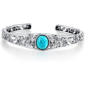 Genuine Turquoise Vintage Lily Flower Bracelet Bangle, Sterling Silver Boho Adjustable Bangle Cuff Native American Jewelry for Women, Fit for 6.5 7 7.5 Inches