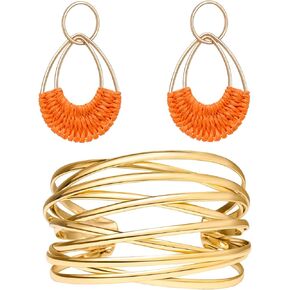 Rattan Teardrop Earrings and Twisted Cuff Bangle