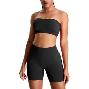 ABOCIW Womens Workout Sets Seamless High Waist Scrunch Butt Shorts Removeable Strap Bandeau Sports Bra Gym Set