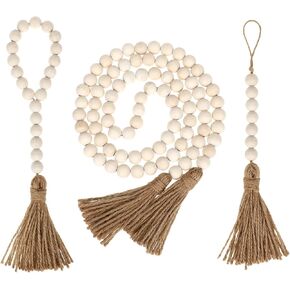 Wood Bead Garland with Tassels Natural Rustic Home Decor for Farmhouse Style Wall Hanging Decoration Beads Accent for Vignettes and Centerpieces
