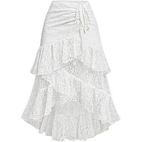 WDIRARA Women's Lace Drawstring Layered Ruffle Midi Skirt Ruched Asymmetrical High Low Skirt