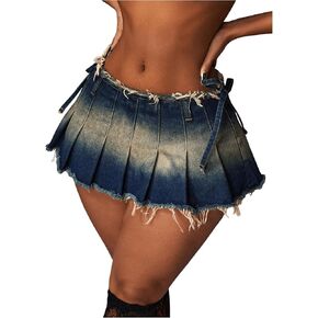 Floerns Women's Bow Side Low Waist Mini Skirts Pleated Hem Ripped Y2k Denim Skirts