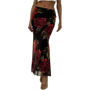 Women's Floral Mesh Bodycon Maxi Skirts Lettuce Trim Going Out Skinny Skirt