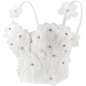ELLACCI Women's 3D Mesh Floral with Diamond Rhinestone Bustier Crop Top Wedding Party Club Corset Tops White