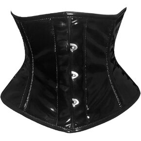 Womens PVC Corset Top Drawer Black Patent Pvc Vinyl Steel Boned Waspie Waist Cincher Corset E79P (US, Alpha, Medium, Regular, Regular, Black)