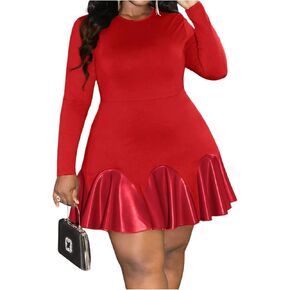 SOLY HUX Women's Plus Size Long Sleeve Ruffle Mini Dress PU Leather Cocktail Party Dresses