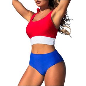 MakeMeChic Women's High Waist Tankini Swimsuit Colorblock Tie Shoulder Tummy Control Bathing Suit