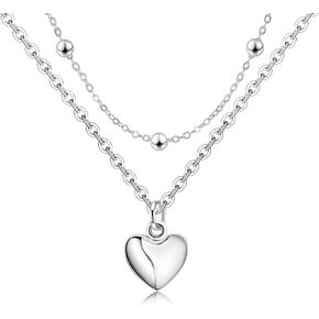 Heart Layered Necklaces for Women - Sterling Silver Adjustable Heart Pendant Necklace Stacked Bead Double Chain Charm Necklace Fashion Gifts for Christmas Birthday for Teen Girls Girlfriend Wife