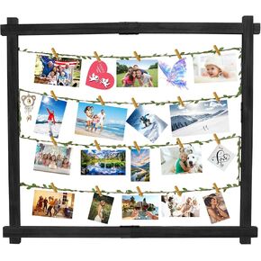 Photo Display Board with 35 Clips Wooden Picture Frame Collage Decor Table Wall Hanging Decoration Pictures Organizer Wood Holder for Hanging Photos, Artworks, Postcards, Greeting Cards (Wood)