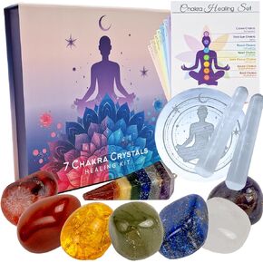 7 Chakra Healing Crystal Set. 11pc Authentic Real Crystals and Healing Stones for Holistic Therapy. 7 Gemstones, Selenite Plate and Wands Plus a Healing Guide for Natural Healing