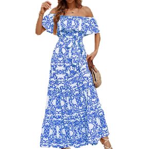 Spevert Women's Dresses for Summer Off Shoulder Boho Floral Ruffle A Line Dresses Beach Long Flowy Dresses with Pocket