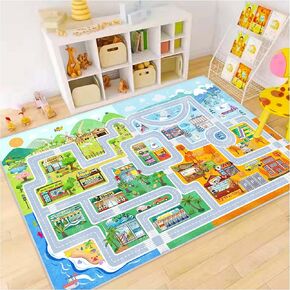 Town Car Toy Four Seasons Road Map Suitable for Bedroom, Rectangular Washable Non-Slip Kids Rug for Girls & Boys, Educational Area Rug for Nursery Room Classroom