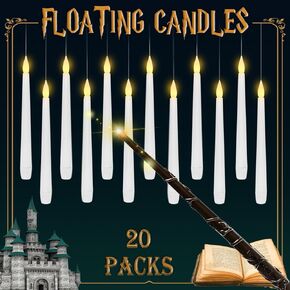 Lezonic Floating Candles with Wand Remote, Set of 12 Magic Flameless Candles Battery Operated, Flikering Hanging LED Taper Candlesticks Christmas Decorations, 0.51" x 6.7"