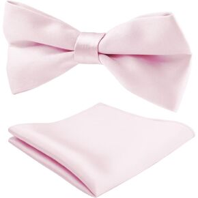 MANSPHIL Light Pink Silk Handkerchief and Bowties Set, Mens Pocket Square Tuxedo Bowties for Wedding Prom Event