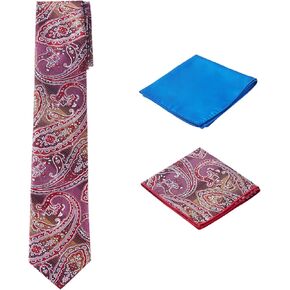 Jacob Alexander Men's Woven Paisley Regular Length Neck Tie with 2 Handkerchief Pocket Squares Hanky Set - Burgundy Blue