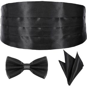 Men's Cummerbund Bow Tie Set Adjustable Solid Color Tuxedo Cummerbund and Bow Tie Pocket Squares and Self-Tie Bowtie Black Cumberbund Men with Adjustable Band for Weddings, Proms and Formal Events