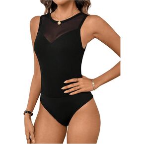 SweatyRocks Women's See Through Mesh Bodysuit Crew Neck Sleeveless Fitted Leotard Tops