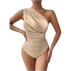 Milumia Women's Ruched One Shoulder Bodysuit Sleeveless Elegant Casual Tops