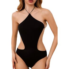 MakeMeChic Women's Casual Cut Out Bodysuit Sexy Sleeveless Backless Halter Leotard Asymmetrical Bodysuit