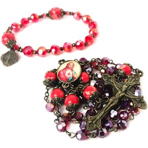 Sacred Heart of Jesus Crystal and Red Sandstone Rosary Beads Catholic for Women and Rosary Bracelet for Women Set