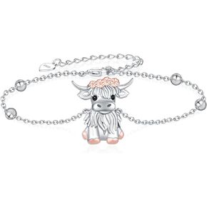 Highland Cow Bracelet 925 Sterling Silver Cow Charm Adjustable Chain Bracelet Cute Animal Highland Cow Jewelry Gifts for Women