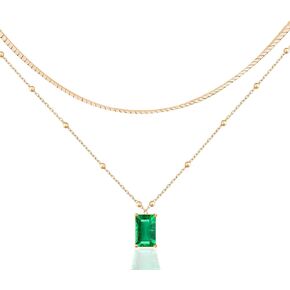 14K Gold Plated Layering Necklaces Emerald Rectangle Dark Green Pendant for Women Layered Choker Christmas Jewelry