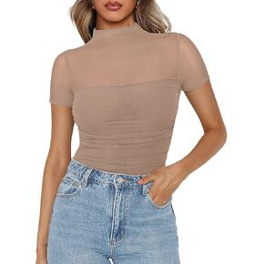 PINKMSTYLE Mock Neck Mesh Short Sleeve Bodysuit for Women Going Out Tops Date Night Outfit