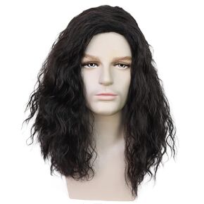 Mens Black Wig Shoulder Length Hair Natural Black Curly Male Wig Heat Resistant Synthetic Cosplay Costume Hair Replacement