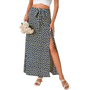 LYANER Women's Floral Print Split Front Tie Knot High Waisted Boho Beach Maxi Skirts