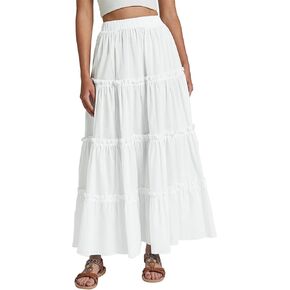 Womens Boho Long Skirts Summer Maxi Skirts Swing Tiered Elastic High Waist A Line Ruffle Dress with Pockets
