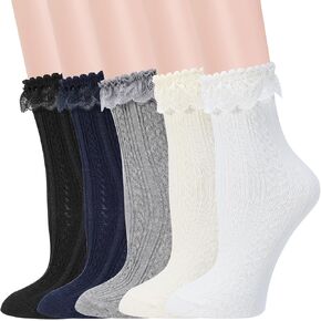 Jspupifip 5 Pack Womens Lace Crew Socks Ruffle Frilly Cotton Cute Princess Ankle Dress Lace Socks for Women Girls