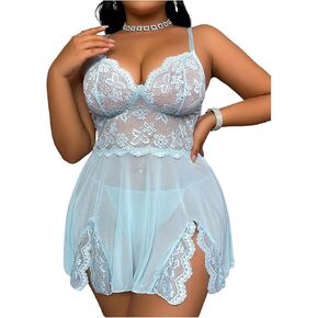 SOLY HUX Women's Plus Size Sexy Lingerie Lace Mesh Babydoll Slip Dress with Thongs 2 Piece Nightwear