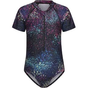 Girls One Piece Rash Guard Swimsuits for Kids Girls Short Sleeve Bathing Suits with Front Zipper Swimwear 3-16 Years in Kuwait