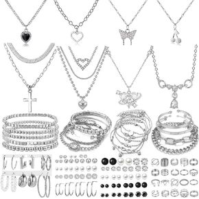 92 PCS مجموعة مجوهرات مطلية بالفضة مع قلادة 8 أجهزة كمبيوتر ، سوار 19 PCS ، 44 PCS stud hoop arring ، 21 pcs knuckle rings for women valentine kinival gift