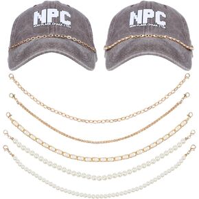 5Pcs Trucker Hat Chains, Detachable Trucker Hats Charms Gold Metal Baseball Cap Chains Pearl Hat Brim Chain Mesh Baseball Cap Truckers DIY Accessories for Women Man Decorating Supplies