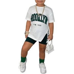 MakeMeChic Toddler Girl's Summer Clothes Letter Tee Top Bermuda Shorts Set Sporty Outfit
