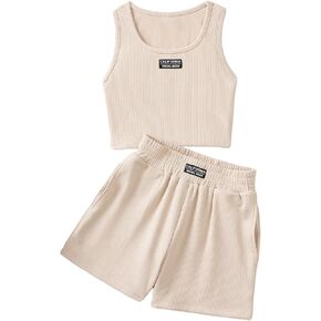 Verdusa Girl's 2 Piece Summer Outfits Letter Graphic Ribbed Tank Top and Shorts with Pockets