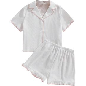 GORGLITTER Girl's 2 Piece Outfits Short Sleeve Button Down Shirt and Ruffle Trim Shorts Clothing Set White 12Y