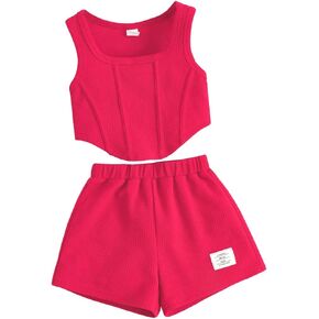 Kid Young Girl Clothes Outfits Tank Top Letter Patched Girls Athletic Shorts Set Shorts Set(5-6T)