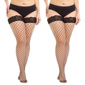 2 Pairs Plus Size Fishnet Stockings for Women,Silicone Lace Thigh High Stockings,Top Sheer Stay Up Lingerie Tights