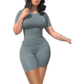 Lounge Wear Ribbed Casual 2 Piece Tracksuit Set Women Solid Skinny Short Sleeve O-Neck Top+Mid Waist Elastic Leggings