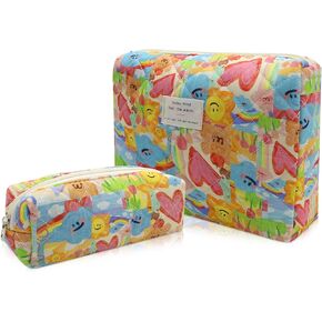 Floral Makeup Bag, Large Cosmetic Bag for Women Girls, Cute Cotton Make up Pouch, Quilted Makeup Bags, Flower Travel Toiletry Organizer Bag(Blue Floral)