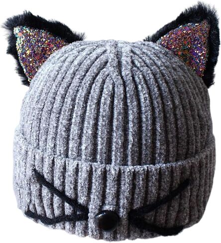 Kids Crochet Hat with Cute Shiny Cat Ears Unisex Thick Knitted Beanie Hat Winter Warm Cap in Saudi Arabia