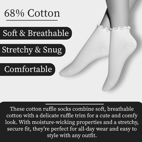 Winterlace Cotton Ruffle Frilly Socks 6 Pairs Womens Turn Cuff Fashion Cute Ankle Socks in Saudi Arabia